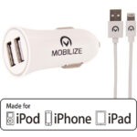 Mobilize Car Charger 2x USB 24W + USB to Apple MFi Lighting Cable 1m. White