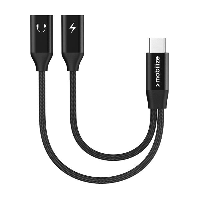 Mobilize Strong Nylon USB-C Splitter for Audio and Charging 15cm Black Mobilize Strong Nylon USB-C Splitter for Audio and Charging 15cm Black - Image 1