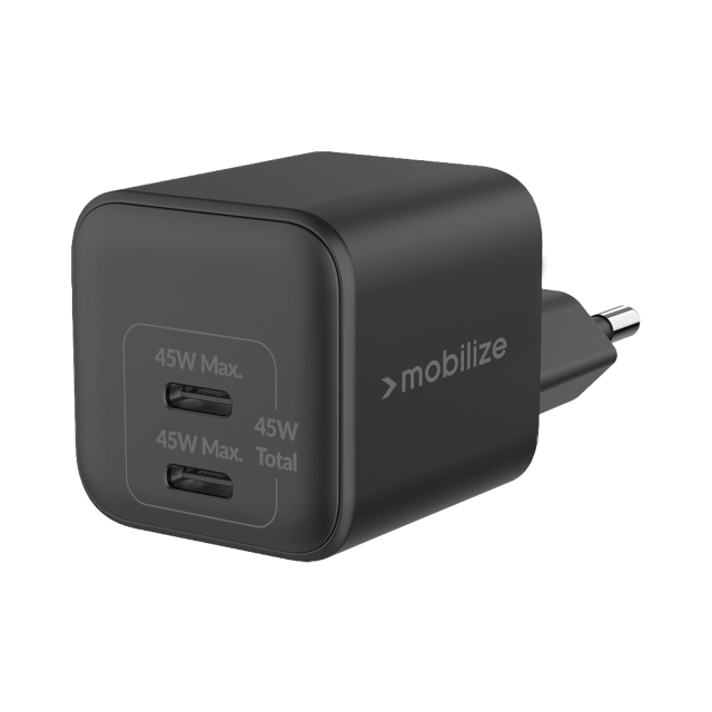 Mobilize Wall Charger 2x USB-C GaN 45W with PD/PPS Black Mobilize Wall Charger 2x USB-C GaN 45W with PD/PPS Black - Image 1