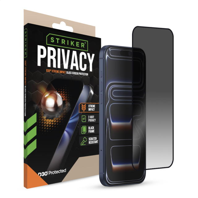 Striker D3O Xtreme Impact Privacy Glass Screen Protector - Black Frame - Apple iPhone 16 Pro Max/17 Pro Max Striker D3O Xtreme Impact Privacy Glass Screen Protector - Black Frame - Apple iPhone 16 Pro Max/17 Pro Max - Image 1