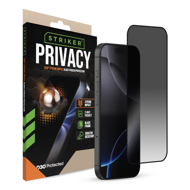 Striker D3O Xtreme Impact Privacy Glass Screen Protector - Black Frame - Apple iPhone 16 Pro Striker D3O Xtreme Impact Privacy Glass Screen Protector - Black Frame - Apple iPhone 16 Pro - Image 1