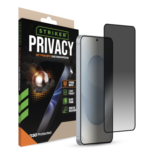 Striker D3O Xtreme Impact Privacy Glass Screen Protector - Black Frame - Samsung Galaxy S24 5G/S25 5G Striker D3O Xtreme Impact Privacy Glass Screen Protector - Black Frame - Samsung Galaxy S24 5G/S25 5G - Image 1